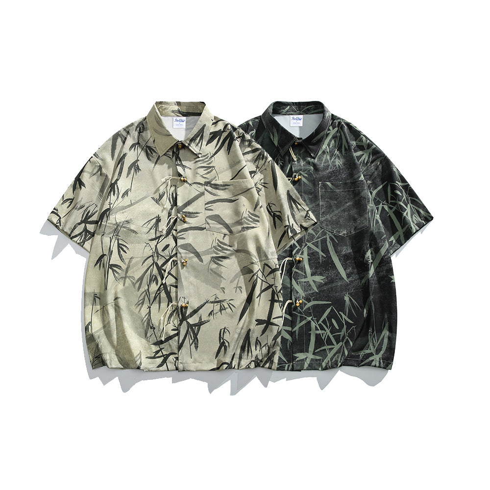 Bamboo Leaf Printed Loose Fitting Shirt