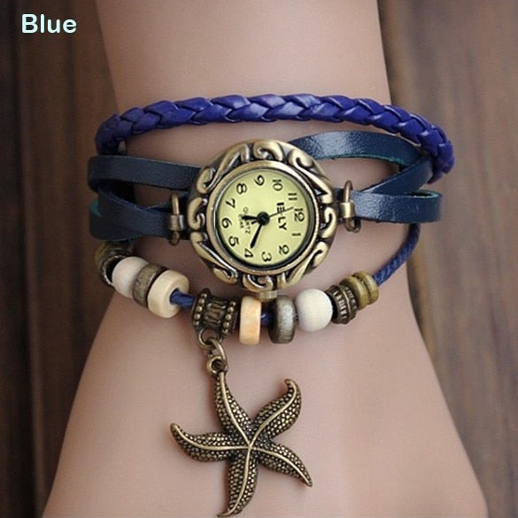 Lady Starfish Retro Bracelet Watch - Genuine Leather Wrap