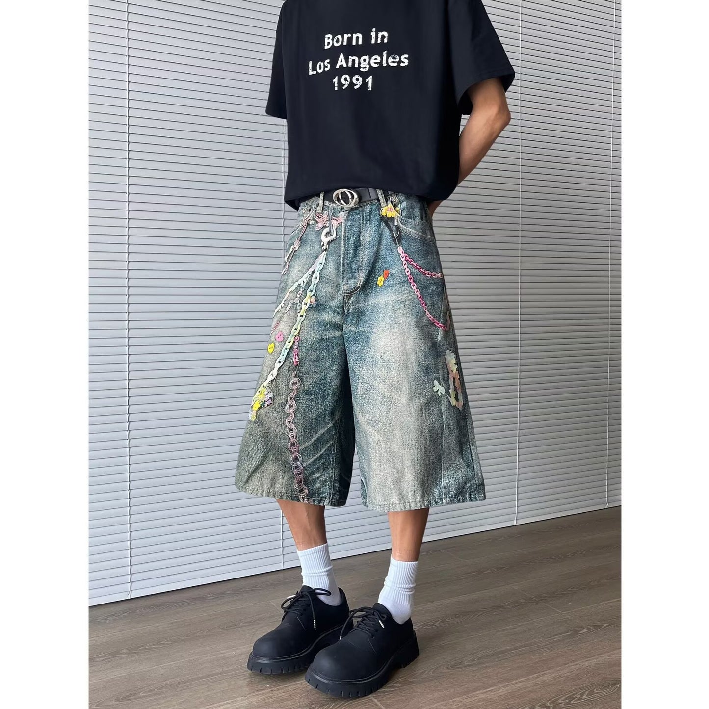 Vintage Chain Printed Denim Cropped Pants