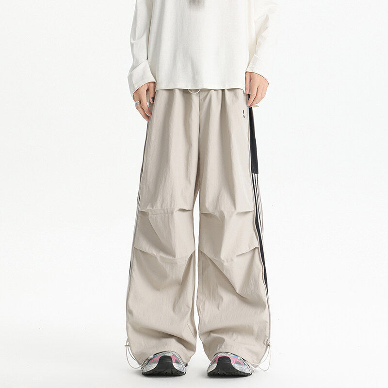 Loose Curved Knife Pants with Zipper & Striped Details