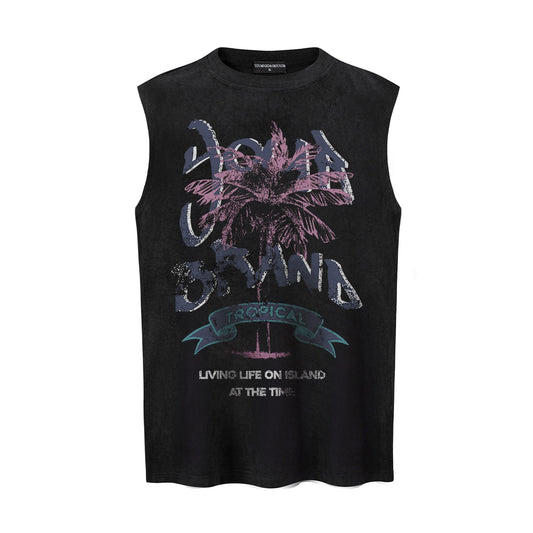 Make Old Coconut Tree Printed Vest — Harajuku Street-Style Loose Cotton Tank