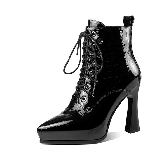 Genuine Leather Harajuku Style High Heel Ankle Boots