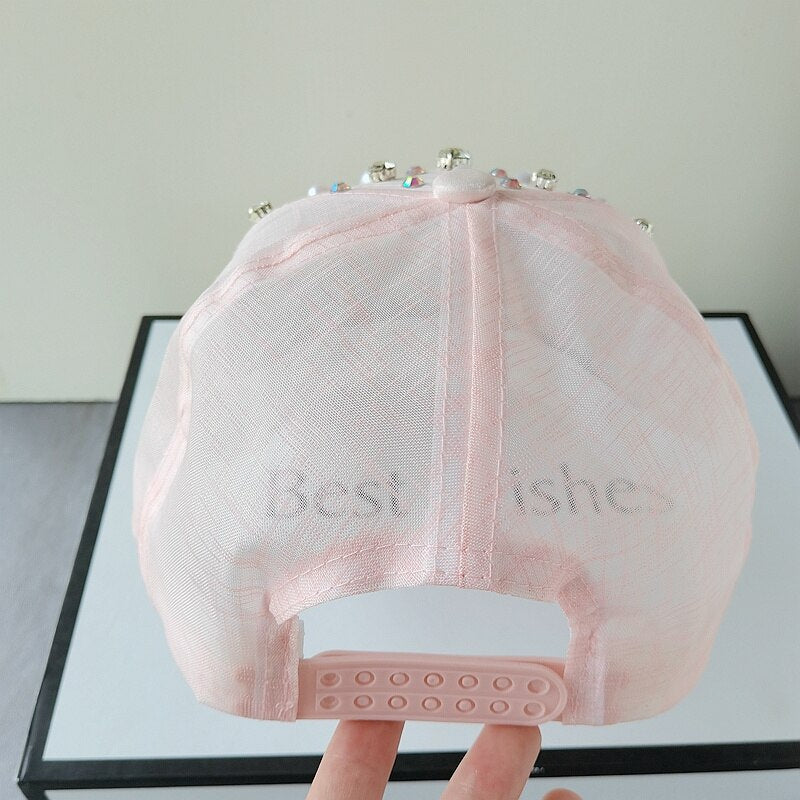 Harajuku Style Rhinestone Pearl Baseball Hat - White Pink