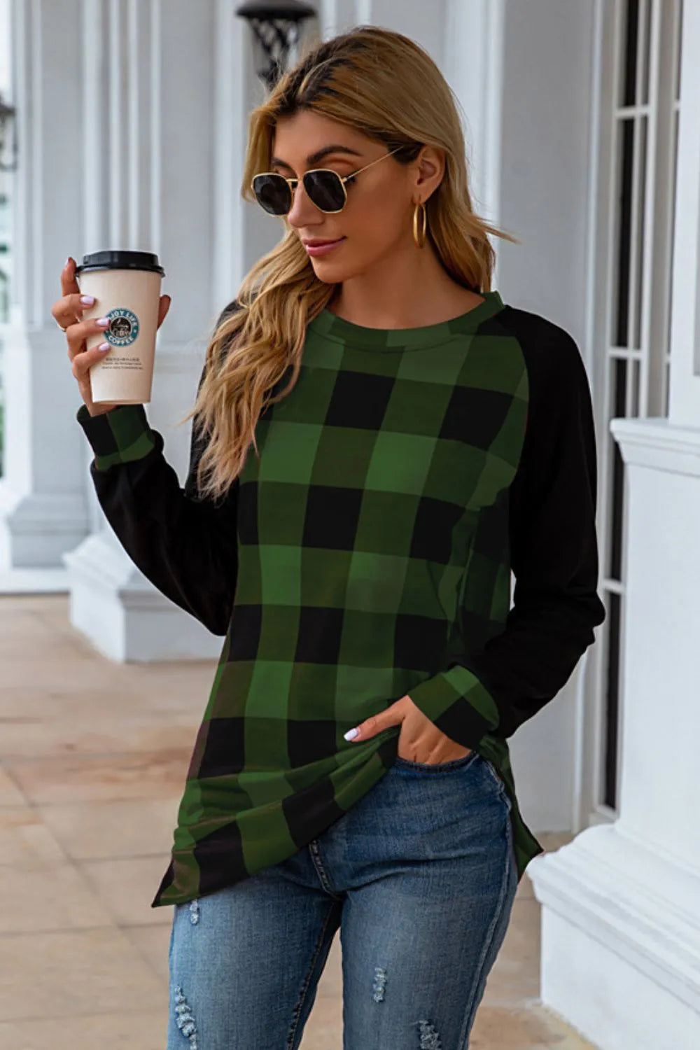 Harajuku Plaid Round Neck Long Sleeve T-Shirt