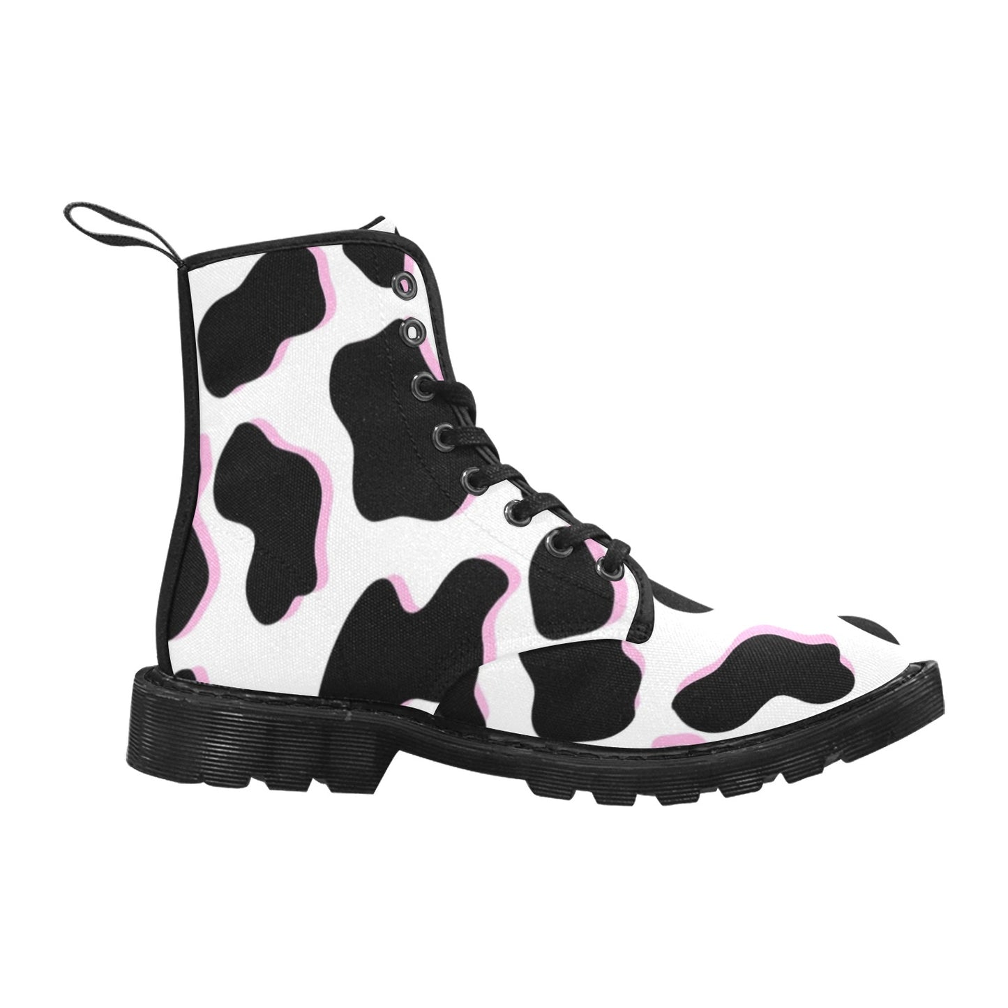 Black and Pink Cow Pattern Men's Lace Up Canvas Boots