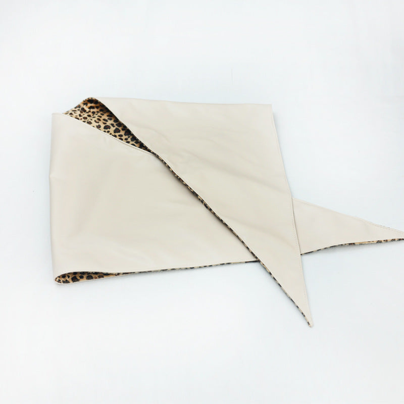 Double-Sided Leopard Print & Leather Triangular Scarf with Headband