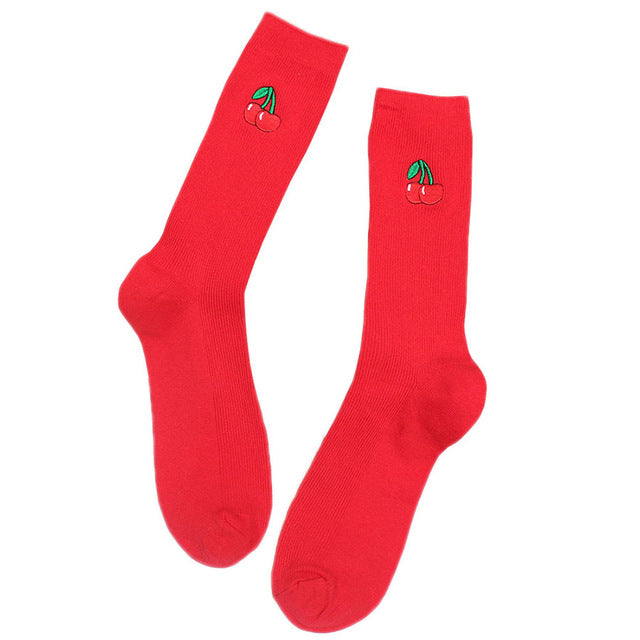 Playful Cartoon Fruit Print Socks - Avocado, Banana, Cherry, Peach
