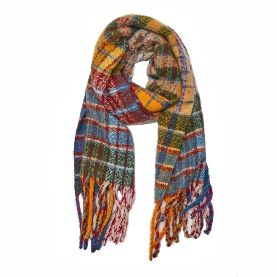 Harajuku Style Rainbow Plaid Wool Scarf with Tassels