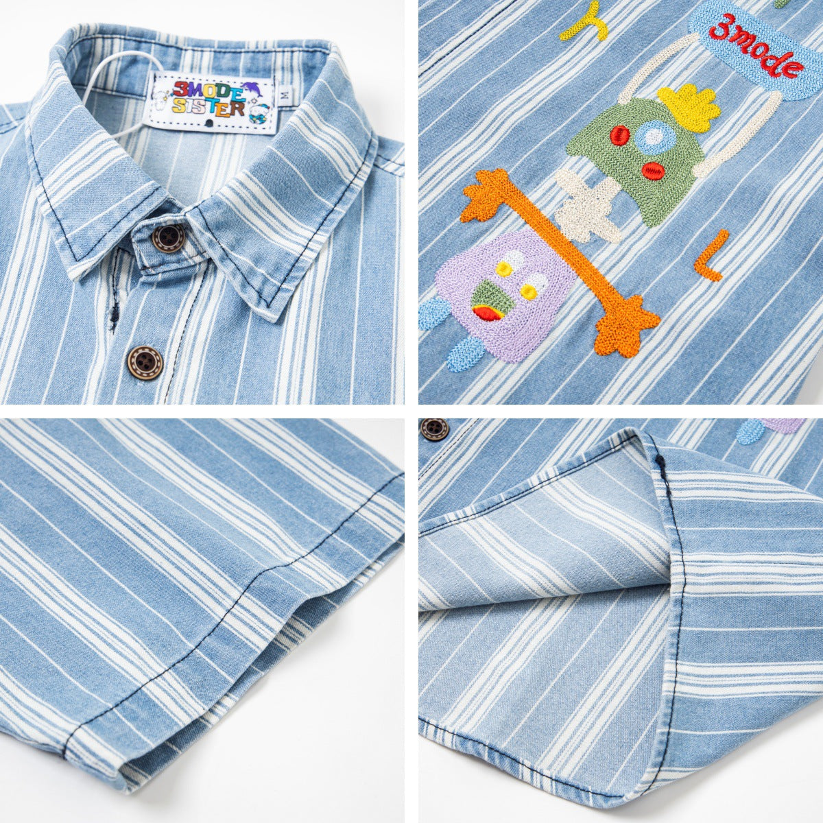 Retro Cartoon Embroidery Striped Denim Shirt