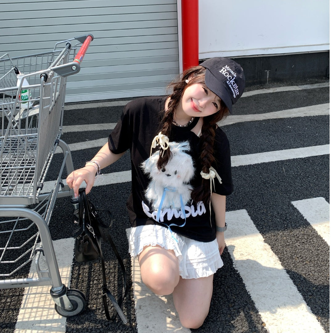 Playful Plush Dog Off-Shoulder Tee for Women