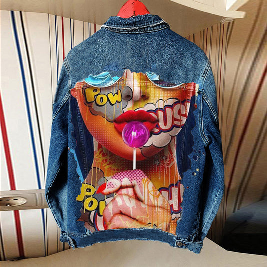 Playful Tongue Out Print Lapel Denim Jacket for Women
