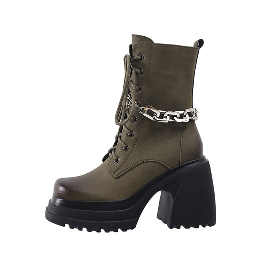 Harajuku Style Women's Leather Chunky High Heels Shoes