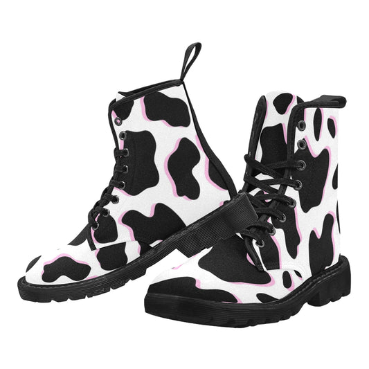 Black and Pink Cow Pattern Men's Lace Up Canvas Boots
