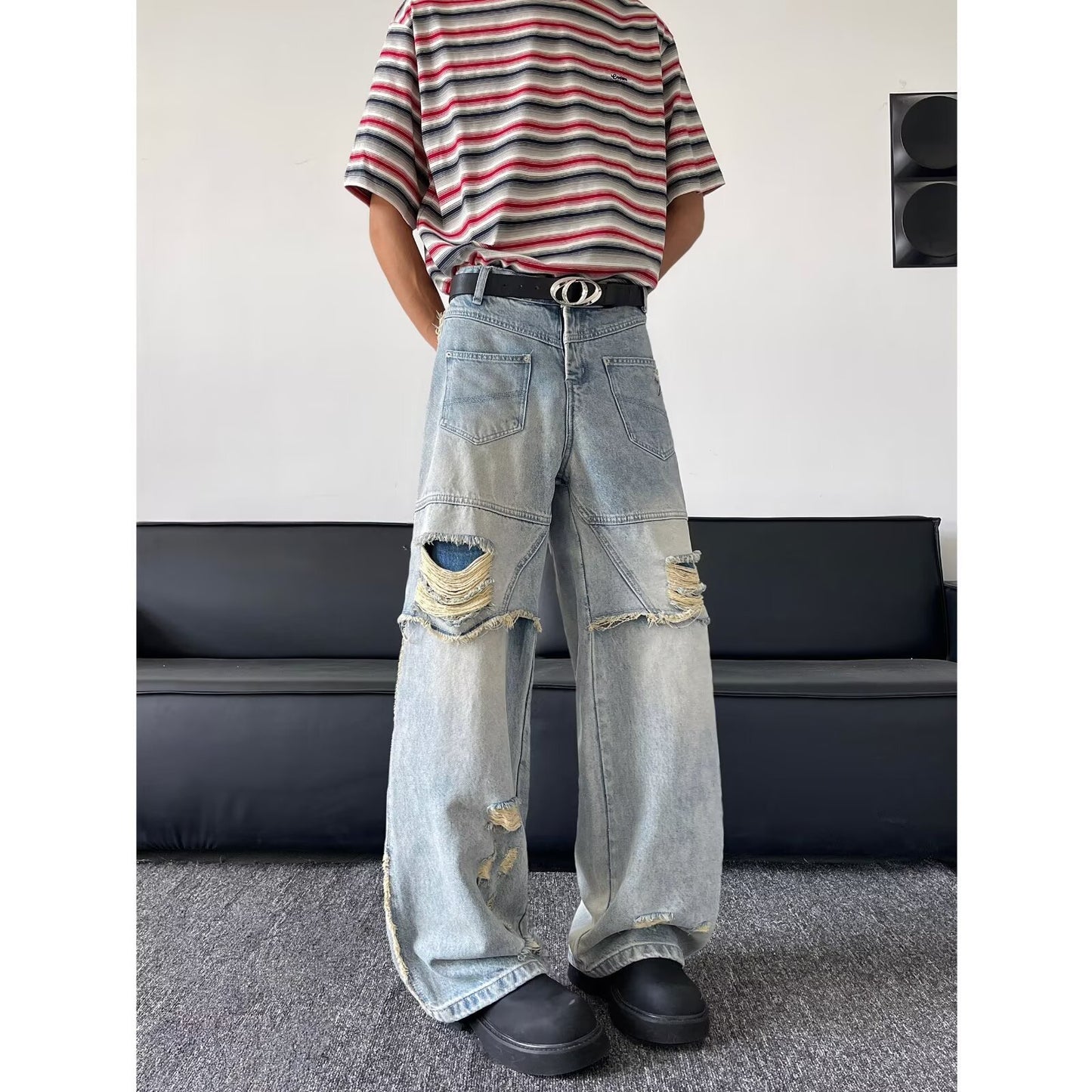 Washed Ripped Denim Wide Leg Pants
