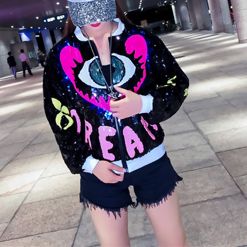 Harajuku Style Sequined Bomber Jacket - Multicolor Eye Design