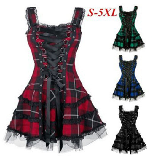 Printed Midi Skirt Dress with Lace Suspender and High Waist