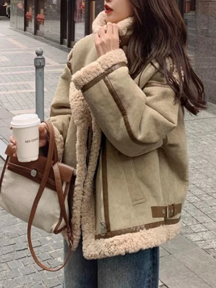 Harajuku-Inspired Green Fur and Lamb Wool Jacket for Women