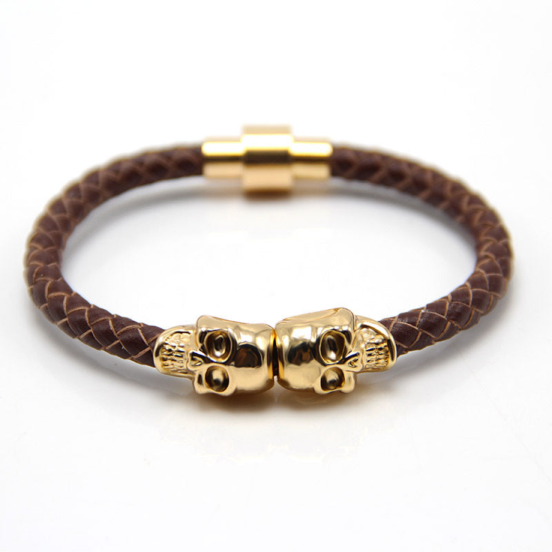 Men's Leather Ghost Head Skull Bracelet - Punk Style
