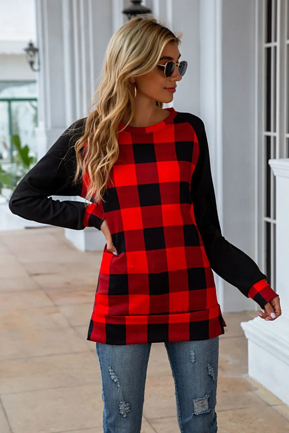 Harajuku Plaid Round Neck Long Sleeve T-Shirt