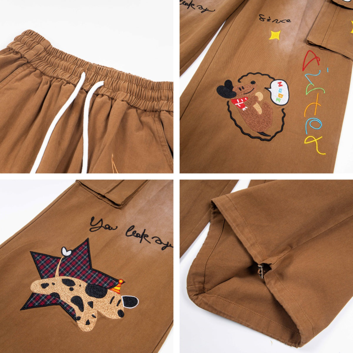Retro Washed Dog Embroidered Denim Pants - Unisex