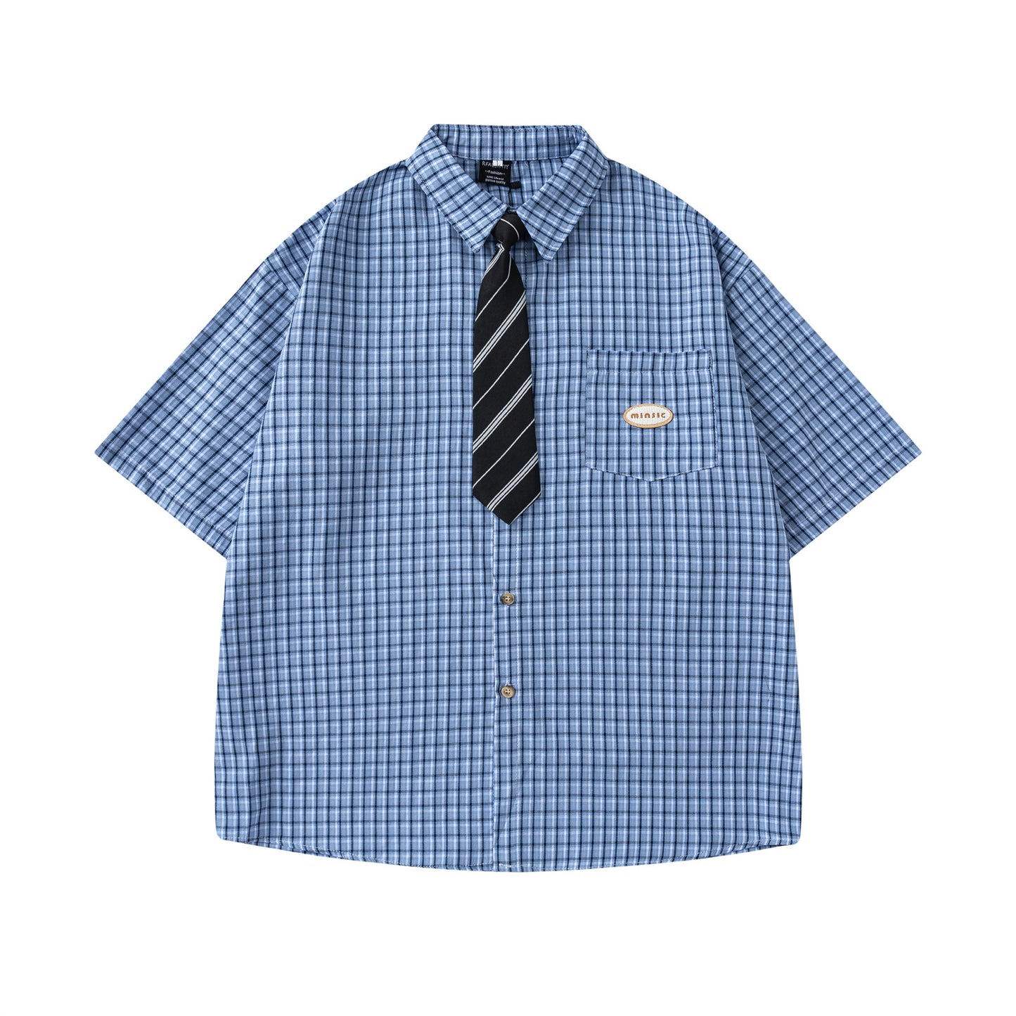 Retro Plaid Tie Collar Short Sleeve Shirt - Unisex