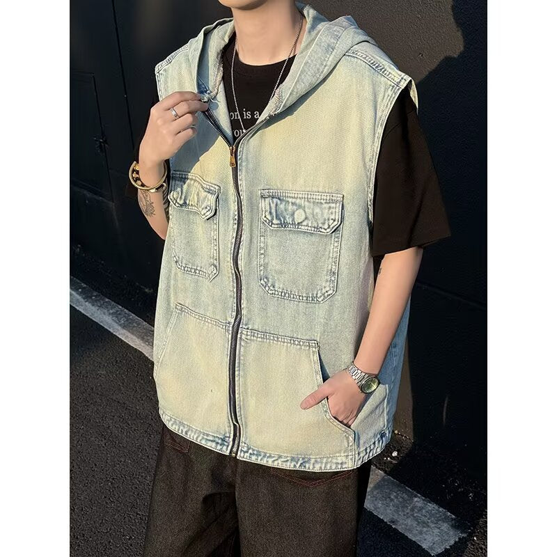 Hooded Denim Retro Loose Zipper Vest Jacket