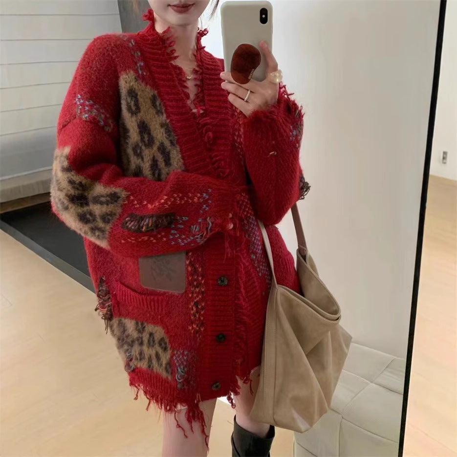 Retro Leopard Print Patchwork Cardigan Sweater