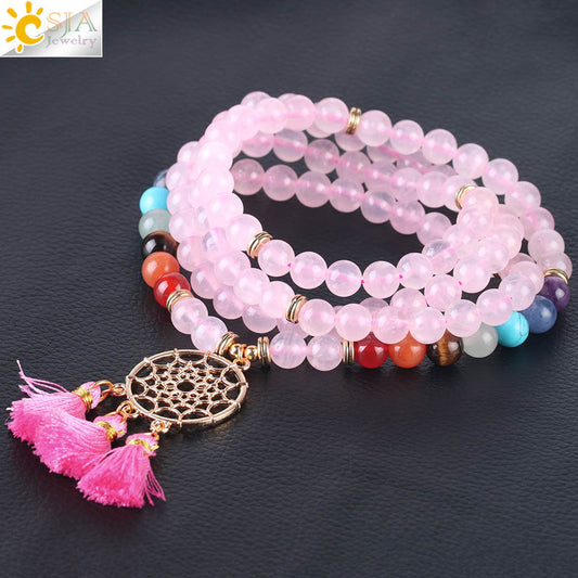 CSJA 108 Mala Beads Dreamcatcher Bracelet with Tassel Charm