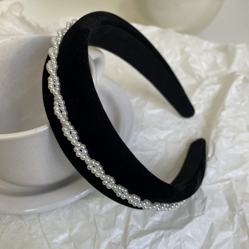 High Quality French Retro Black Velvet Pearl Twist Braid Hairpin Headband