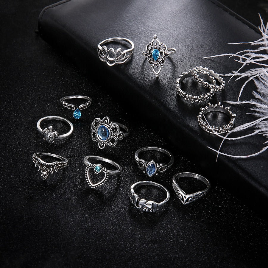 Vintage Diamond Carved Crown Starry Sky Ring Set