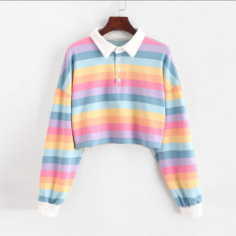 Rainbow Striped Long Sleeve Hooded Polo Shirt for Women