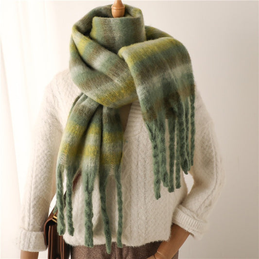 Thick Striped Imitation Cashmere Scarf with Tassels
