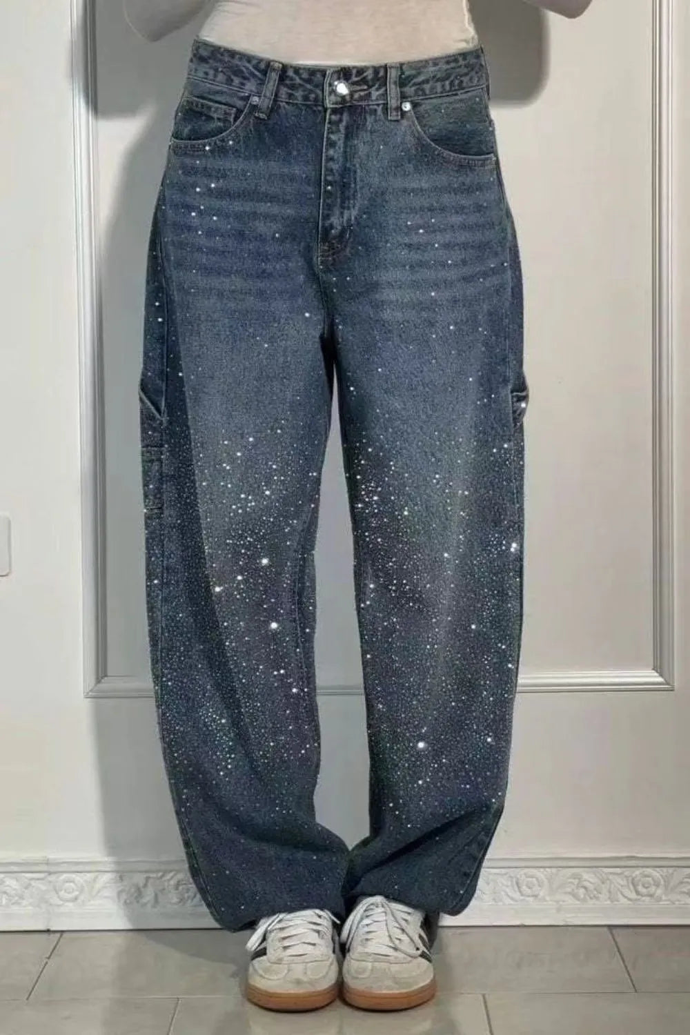 Plus Size Washed Rhinestone Detail Wide Leg Jeans