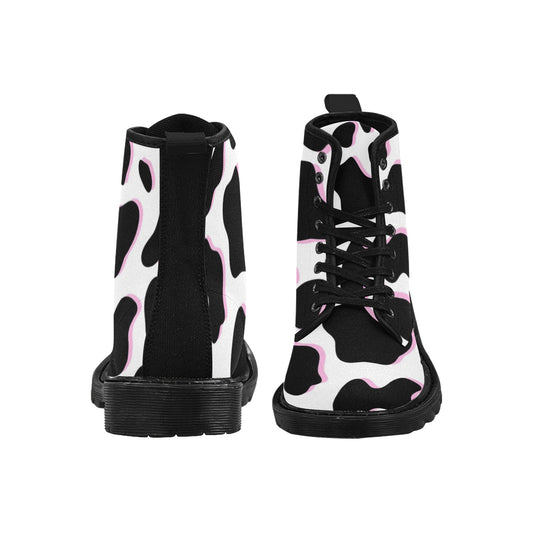 Black and Pink Cow Pattern Women's Lace Up Canvas Boots