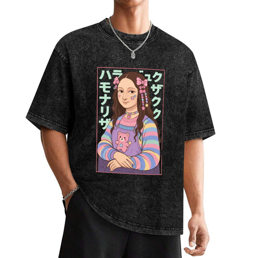 Harajuku Kawaii Mona Lisa Vintage Wash Off Shoulder Tee