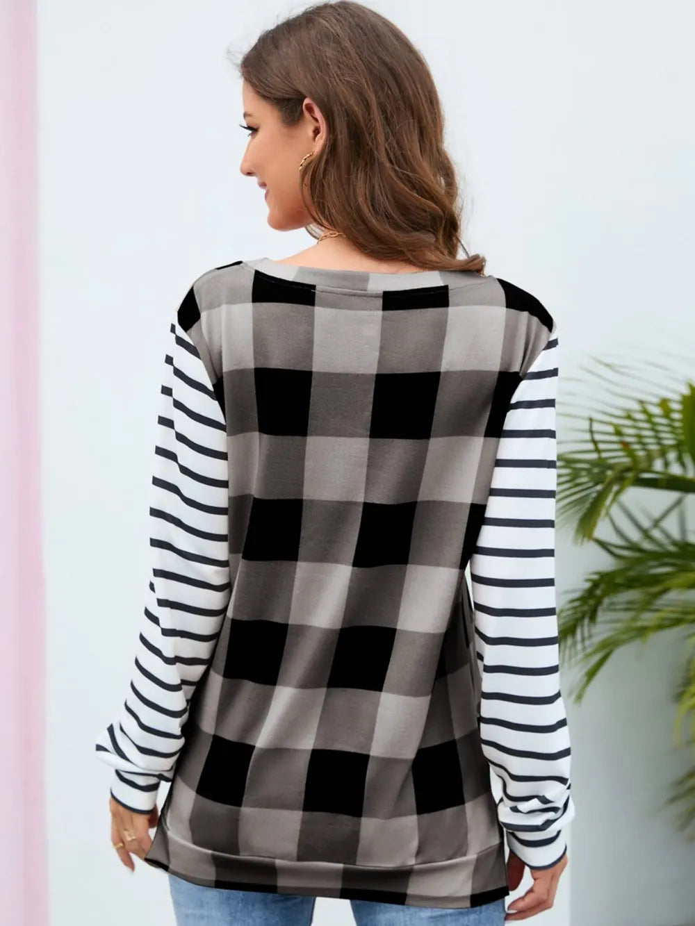 Harajuku Style Plaid Striped Round Neck Long Sleeve T-Shirt