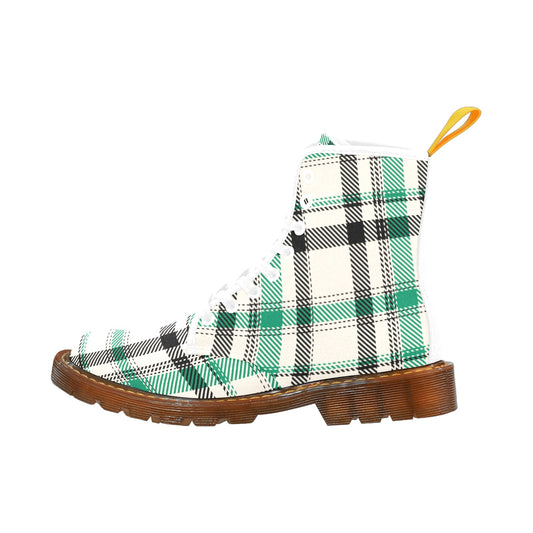 White Green Black Plaid Women's Lace Up Canvas Boots
