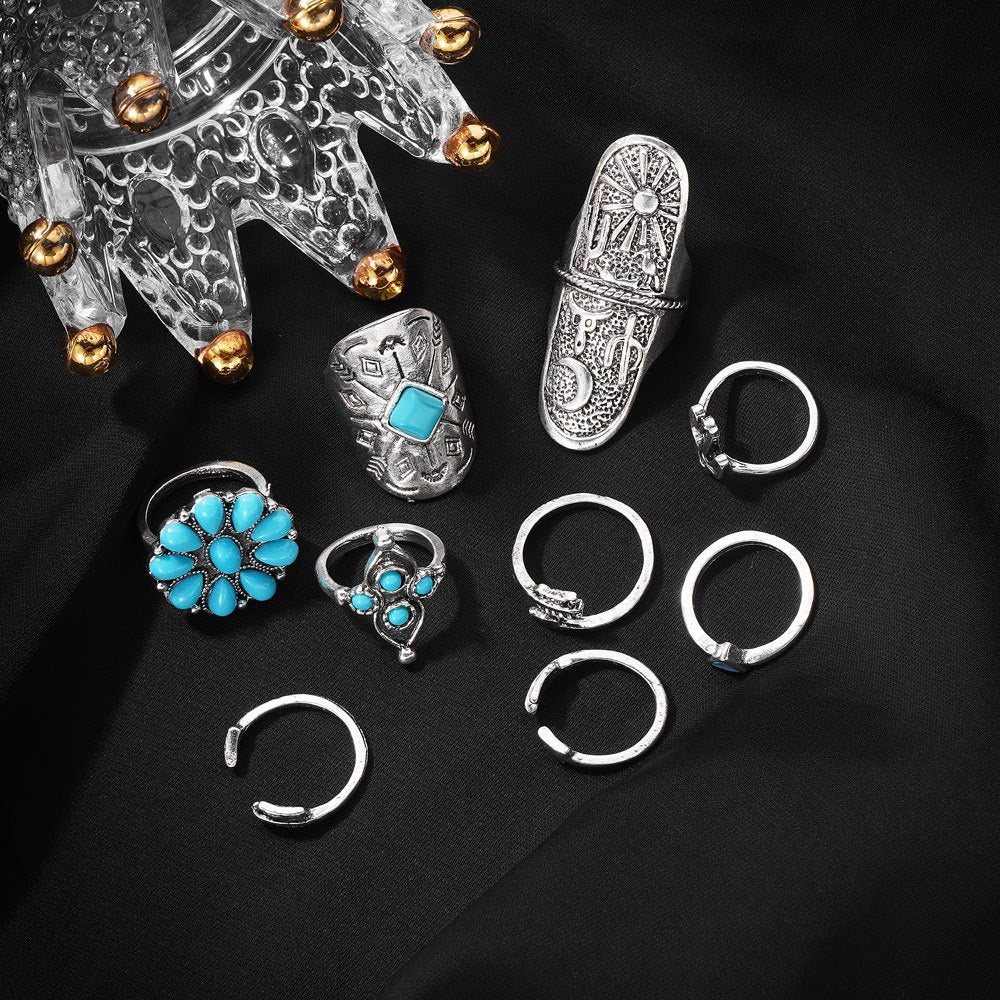 Retro Carved Sapphire 9-Piece Ring Set