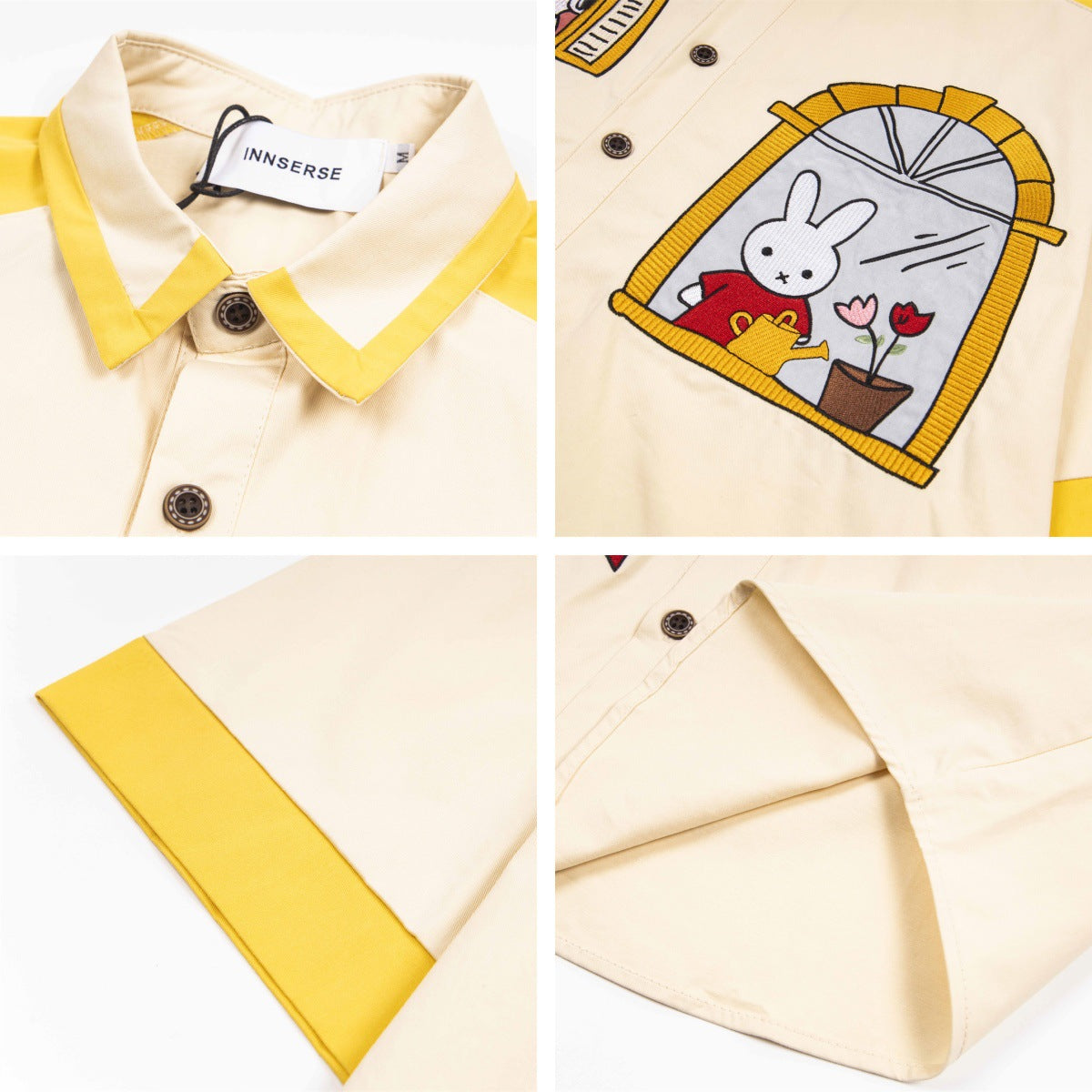 Retro Cartoon Embroidery Short Sleeve Shirt - Harajuku Style