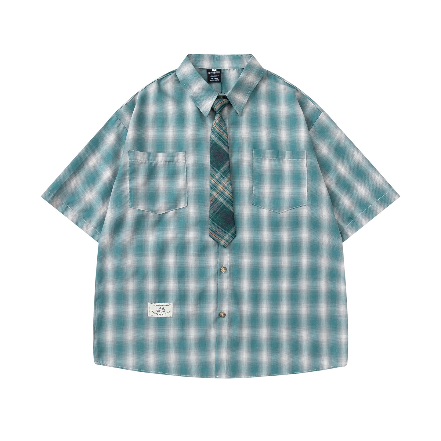 Retro Plaid Collar Tie Short Sleeve Shirt
