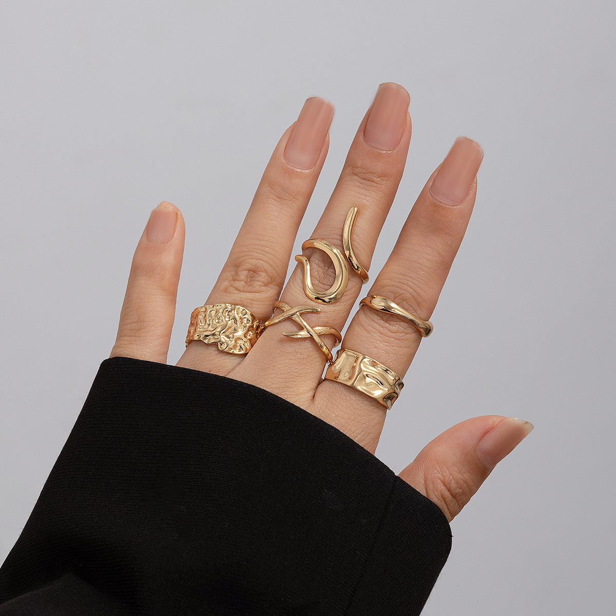 Geometric Metal Lava Line Ring Set - Harajuku Style