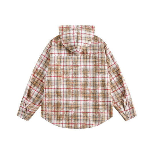 Unisex Loose Plaid Drawstring Hooded Shirt
