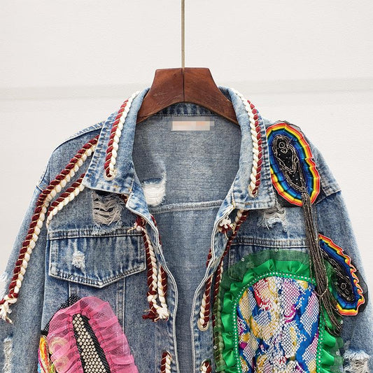 Harajuku Style Patch Denim Bomber Jacket for Women