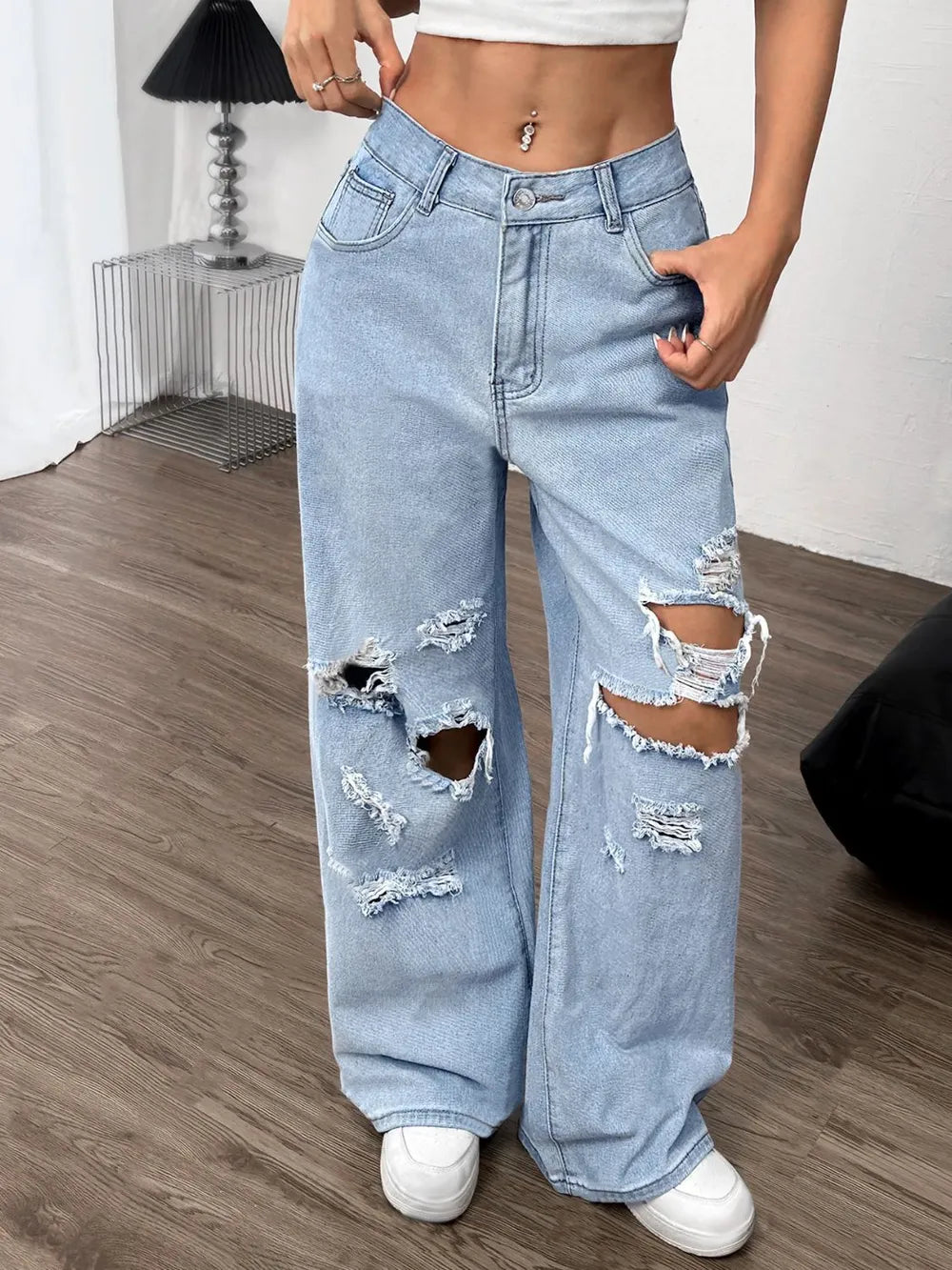 Distressed Wide Leg Jeans with Pockets - Harajuku Style
