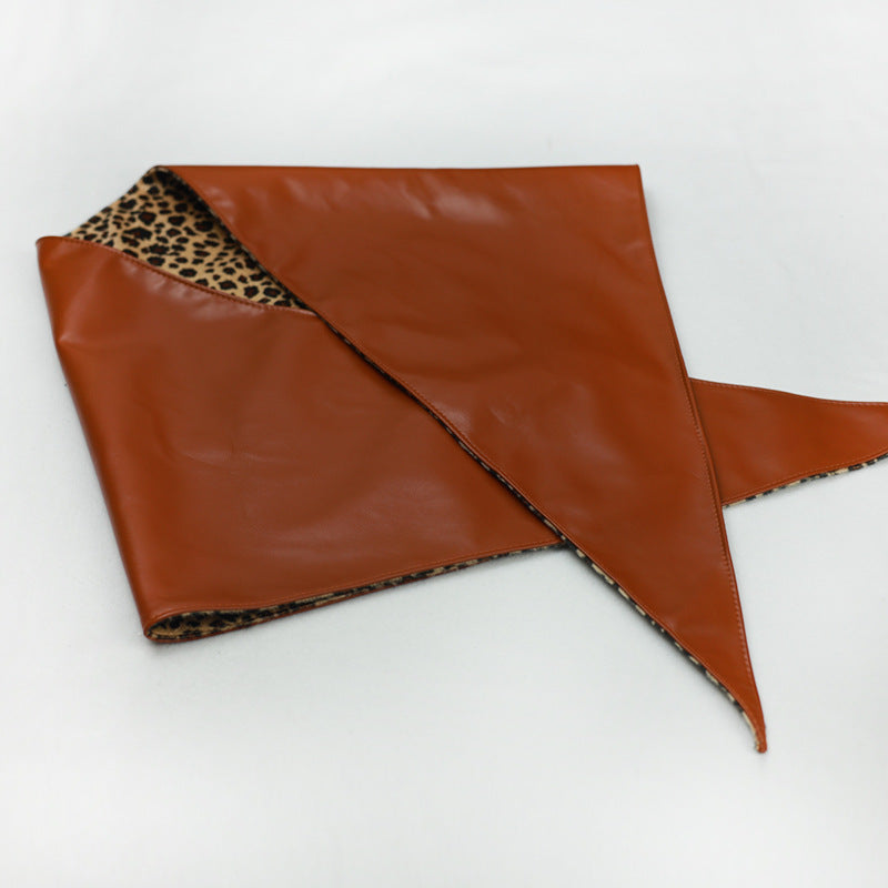 Double-Sided Leopard Print & Leather Triangular Scarf with Headband