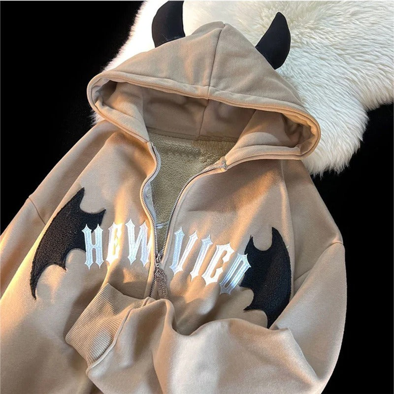 Playful Hooded Zippered Jacket with Cow Horn Patch