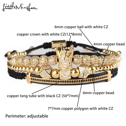 3pcs Luxury CZ Crown Charm Men’s Bracelets Set