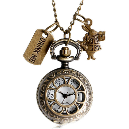 Vintage Hollow Petal Pocket Watch with Rabbit Pendant Tag