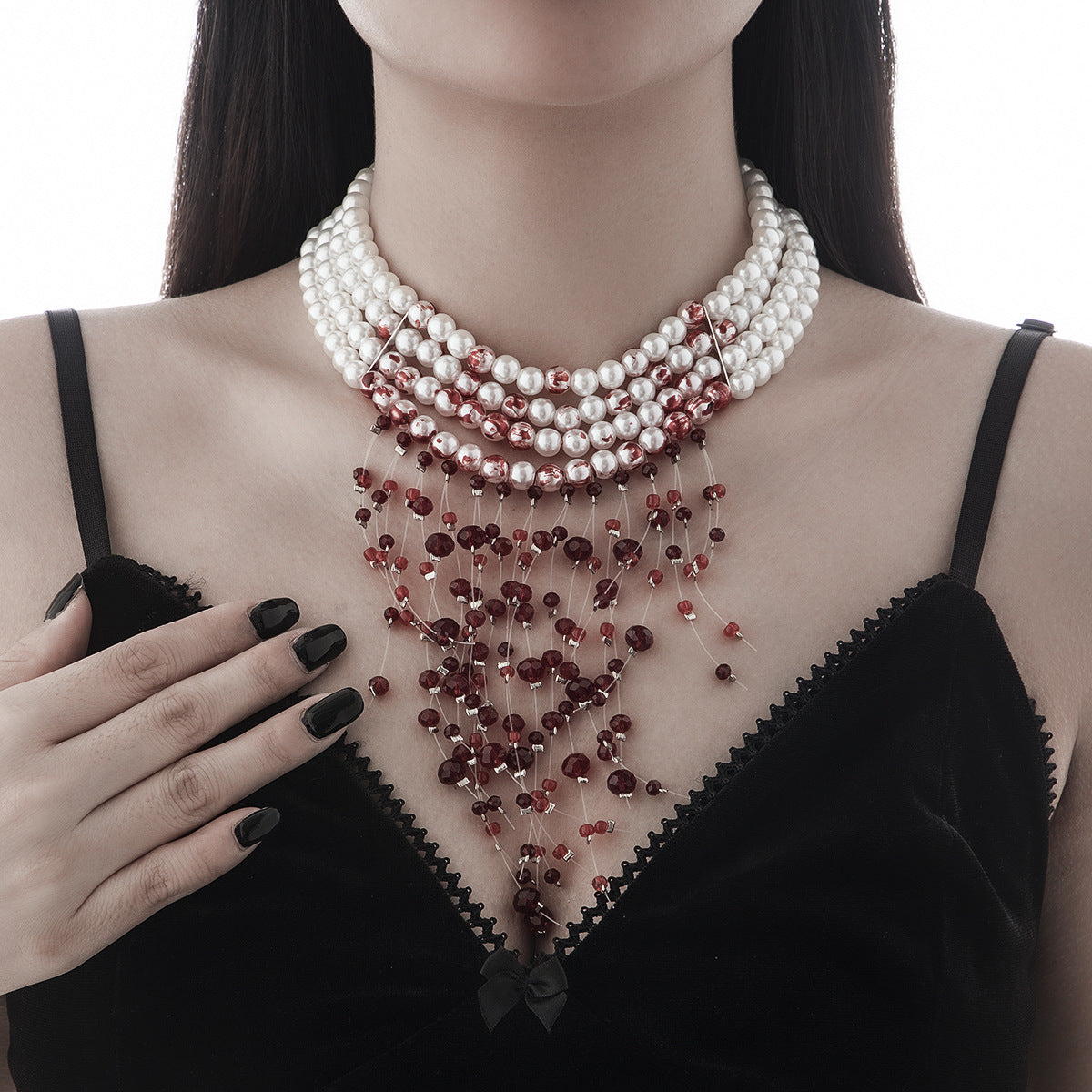 Gothic Pearl Choker Necklace with Blood Drop Tassel