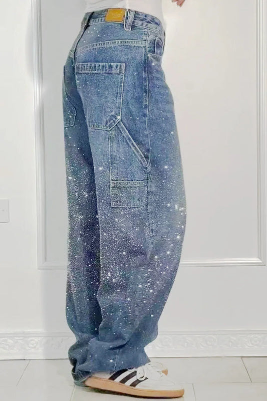 Plus Size Washed Rhinestone Detail Wide Leg Jeans